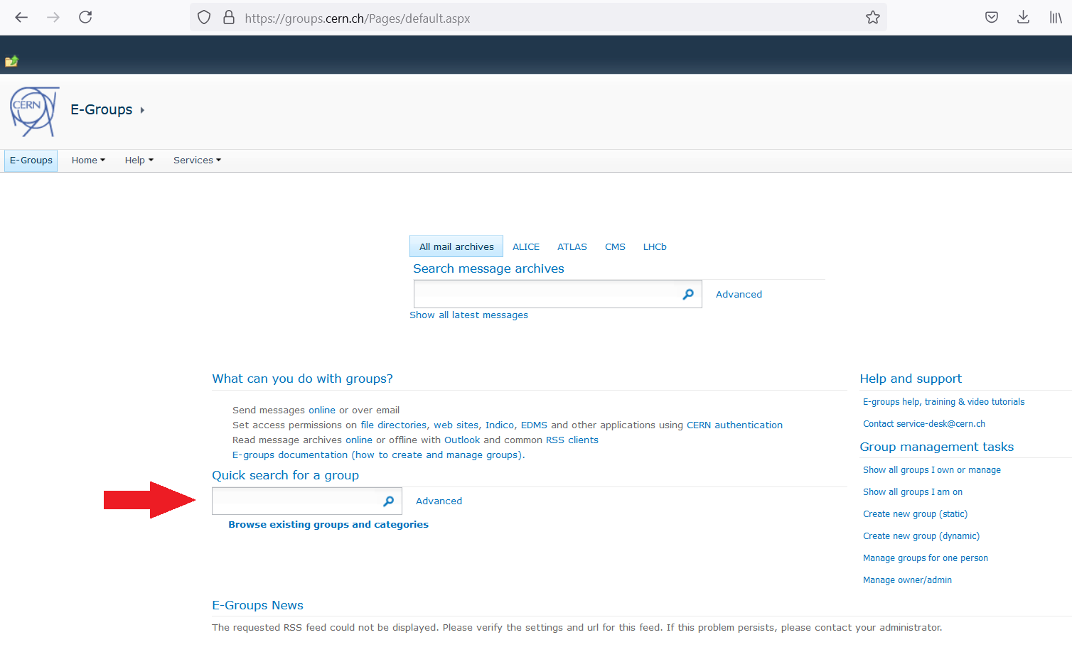 Image highlighting the group search box.